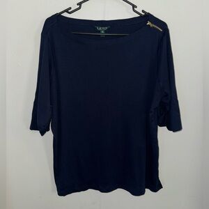 Lauren Ralph Lauren Navy Blue Boatneck Top with Shoulder Zip